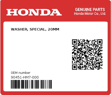 Product image: Honda - 90451-HM7-000 - WASHER, SPECIAL, 20MM  0