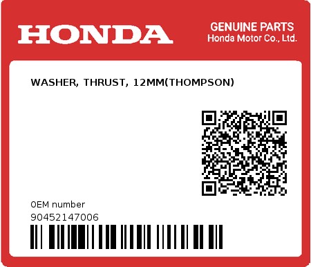 Product image: Honda - 90452147006 - WASHER, THRUST, 12MM(THOMPSON)  0