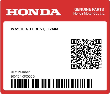 Product image: Honda - 90454KF0000 - WASHER, THRUST, 17MM  0