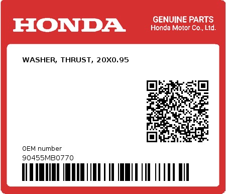 Product image: Honda - 90455MB0770 - WASHER, THRUST, 20X0.95  0
