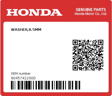 Product image: Honda - 90457422000 - WASHER,8.5MM  0