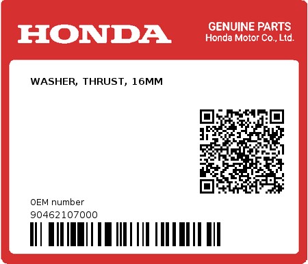 Product image: Honda - 90462107000 - WASHER, THRUST, 16MM  0