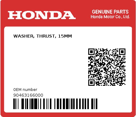 Product image: Honda - 90463166000 - WASHER, THRUST, 15MM  0