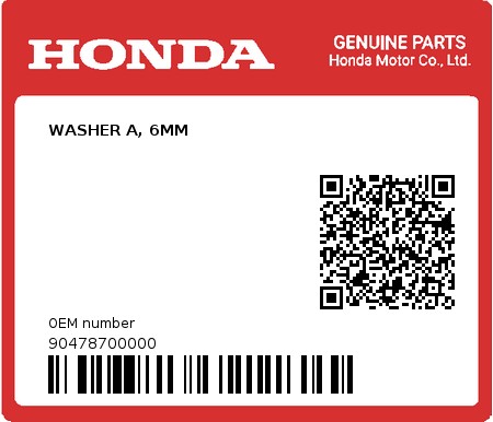 Product image: Honda - 90478700000 - WASHER A, 6MM  0