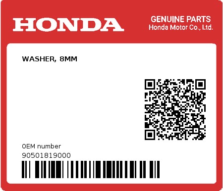 Product image: Honda - 90501819000 - WASHER, 8MM  0