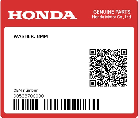 Product image: Honda - 90538706000 - WASHER, 8MM  0