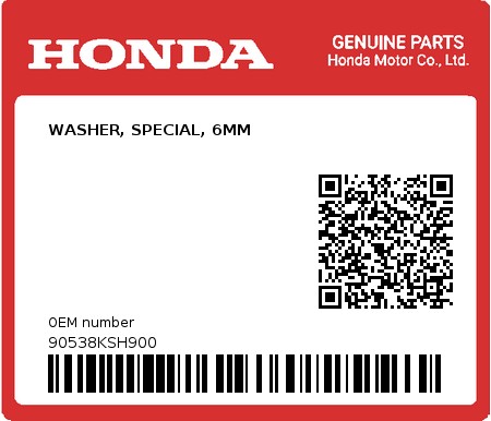 Product image: Honda - 90538KSH900 - WASHER, SPECIAL, 6MM  0