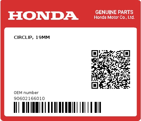 Product image: Honda - 90602166010 - CIRCLIP, 19MM  0
