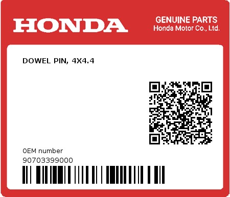 Product image: Honda - 90703399000 - DOWEL PIN, 4X4.4  0