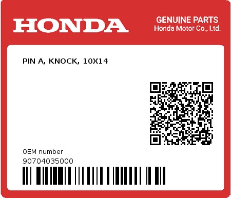 Product image: Honda - 90704035000 - PIN A, KNOCK, 10X14  0