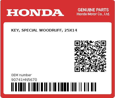 Product image: Honda - 90741HN5670 - KEY, SPECIAL WOODRUFF, 25X14  0