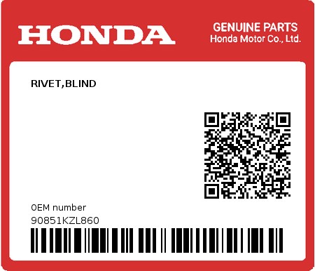 Product image: Honda - 90851KZL860 - RIVET,BLIND  0