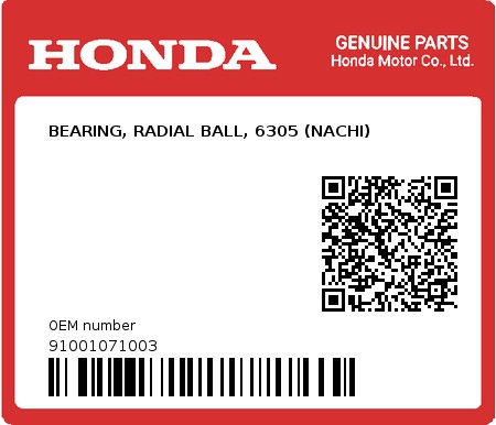 Product image: Honda - 91001071003 - BEARING, RADIAL BALL, 6305 (NACHI)  0