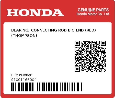 Product image: Honda - 91001166004 - BEARING, CONNECTING ROD BIG END (RED) (THOMPSON)  0