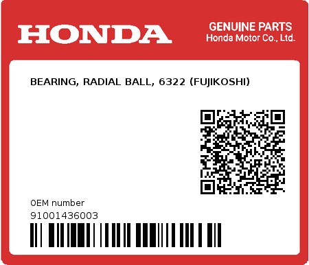 Product image: Honda - 91001436003 - BEARING, RADIAL BALL, 6322 (FUJIKOSHI)  0