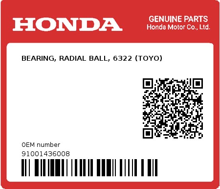 Product image: Honda - 91001436008 - BEARING, RADIAL BALL, 6322 (TOYO)  0