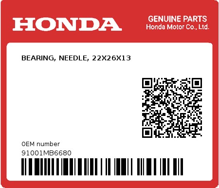 Product image: Honda - 91001MB6680 - BEARING, NEEDLE, 22X26X13  0