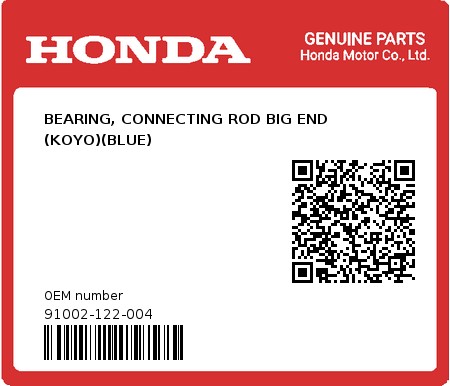 Product image: Honda - 91002-122-004 - BEARING, CONNECTING ROD BIG END (KOYO)(BLUE)  0