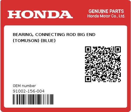 Product image: Honda - 91002-156-004 - BEARING, CONNECTING ROD BIG END (TOMUSON) (BLUE)  0