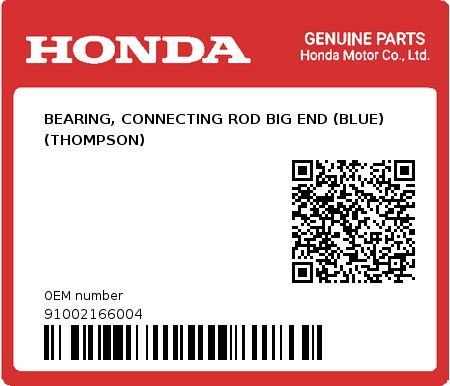 Product image: Honda - 91002166004 - BEARING, CONNECTING ROD BIG END (BLUE) (THOMPSON)  0