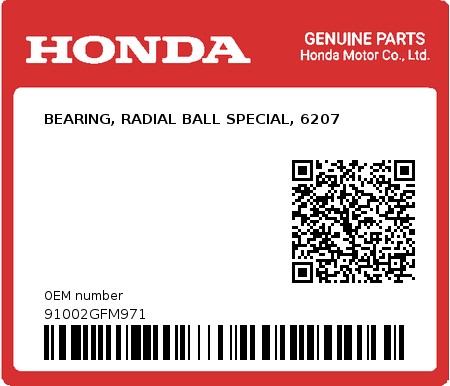Product image: Honda - 91002GFM971 - BEARING, RADIAL BALL SPECIAL, 6207  0