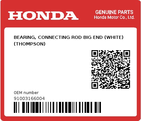 Product image: Honda - 91003166004 - BEARING, CONNECTING ROD BIG END (WHITE) (THOMPSON)  0