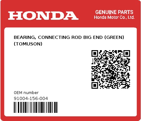 Product image: Honda - 91004-156-004 - BEARING, CONNECTING ROD BIG END (GREEN) (TOMUSON)  0