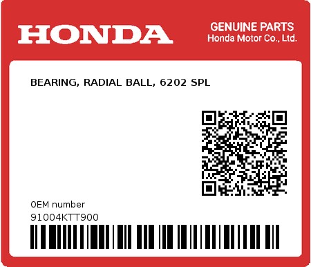 Product image: Honda - 91004KTT900 - BEARING, RADIAL BALL, 6202 SPL  0