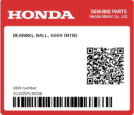 Product image: Honda - 91005PL9008 - BEARING, BALL, 6009 (NTN)  0