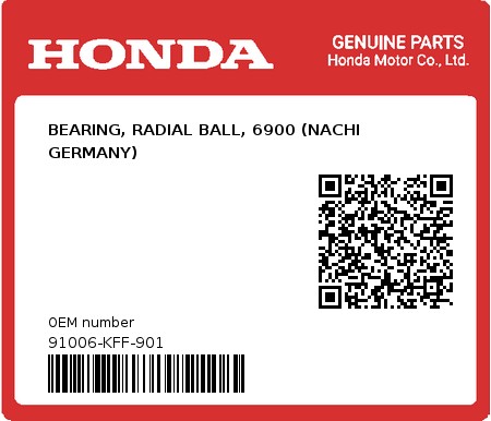 Product image: Honda - 91006-KFF-901 - BEARING, RADIAL BALL, 6900 (NACHI GERMANY)  0