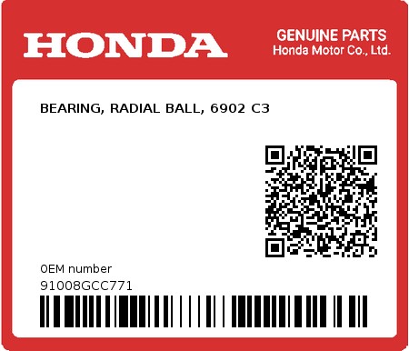 Product image: Honda - 91008GCC771 - BEARING, RADIAL BALL, 6902 C3  0