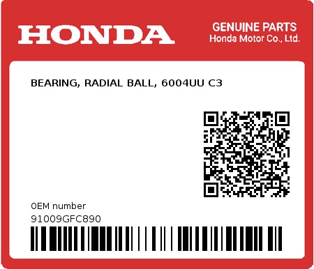 Product image: Honda - 91009GFC890 - BEARING, RADIAL BALL, 6004UU C3  0