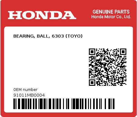 Product image: Honda - 91011MB0004 - BEARING, BALL, 6303 (TOYO)  0