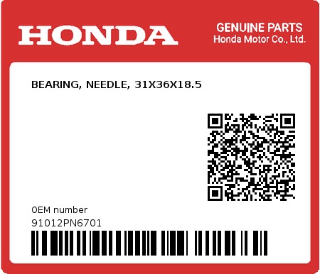 Product image: Honda - 91012PN6701 - BEARING, NEEDLE, 31X36X18.5  0