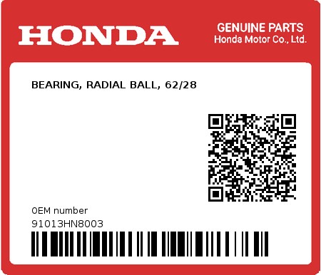 Product image: Honda - 91013HN8003 - BEARING, RADIAL BALL, 62/28  0