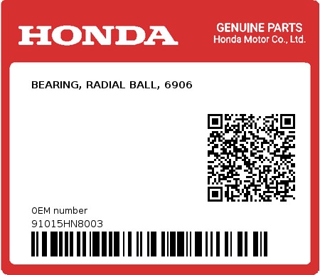 Product image: Honda - 91015HN8003 - BEARING, RADIAL BALL, 6906  0