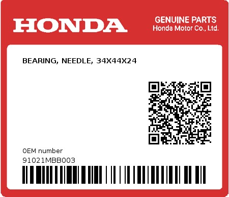 Product image: Honda - 91021MBB003 - BEARING, NEEDLE, 34X44X24  0