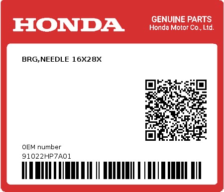 Product image: Honda - 91022HP7A01 - BRG,NEEDLE 16X28X  0