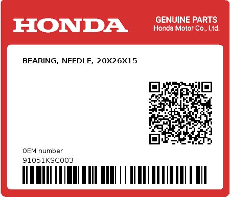 Product image: Honda - 91051KSC003 - BEARING, NEEDLE, 20X26X15  0