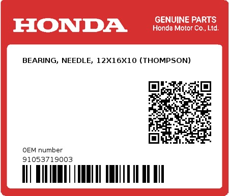 Product image: Honda - 91053719003 - BEARING, NEEDLE, 12X16X10 (THOMPSON)  0
