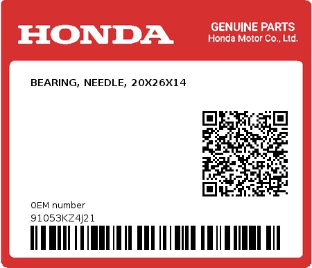 Product image: Honda - 91053KZ4J21 - BEARING, NEEDLE, 20X26X14  0