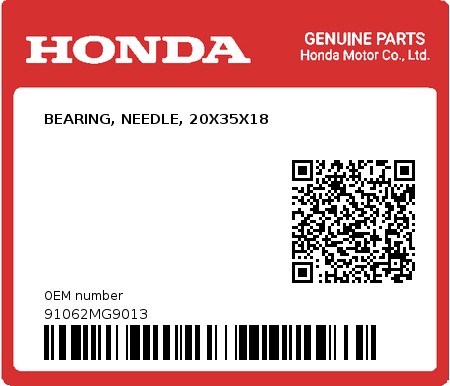 Product image: Honda - 91062MG9013 - BEARING, NEEDLE, 20X35X18  0