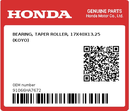Product image: Honda - 91066HA7672 - BEARING, TAPER ROLLER, 17X40X13.25 (KOYO)  0