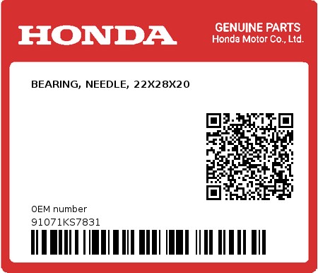 Product image: Honda - 91071KS7831 - BEARING, NEEDLE, 22X28X20  0