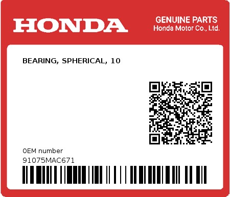 Product image: Honda - 91075MAC671 - BEARING, SPHERICAL, 10  0