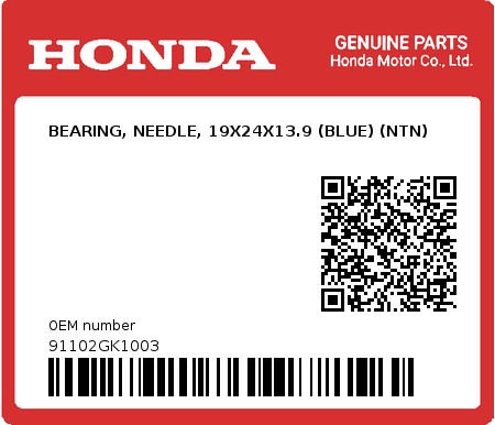 Product image: Honda - 91102GK1003 - BEARING, NEEDLE, 19X24X13.9 (BLUE) (NTN)  0