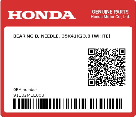 Product image: Honda - 91102MEE003 - BEARING B, NEEDLE, 35X41X23.8 (WHITE)  0