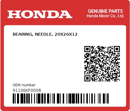 Product image: Honda - 91106KF0008 - BEARING, NEEDLE, 20X26X12  0