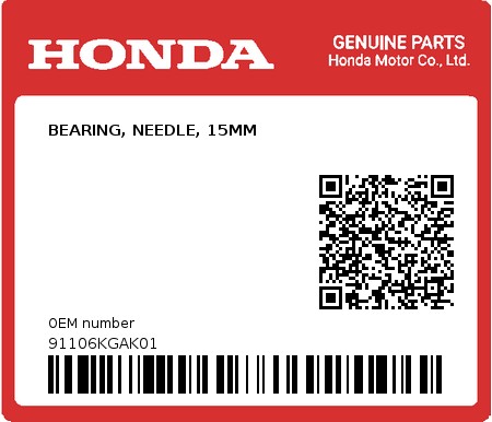 Product image: Honda - 91106KGAK01 - BEARING, NEEDLE, 15MM  0