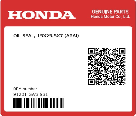 Product image: Honda - 91201-GW3-931 - OIL SEAL, 15X25.5X7 (ARAI)  0